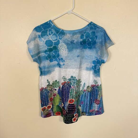 Et Lois Womens Cactus Print Top Shirt Small Blue Multicolor Art to Wear Western - Picture 5 of 8